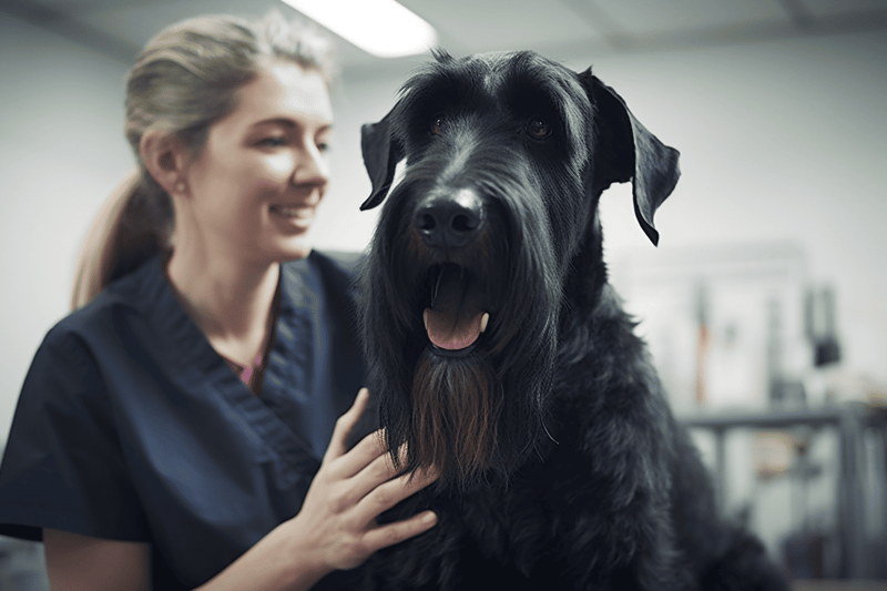 Beautiful professional grooming of a large black Schnauzer dog at a pet grooming salon.