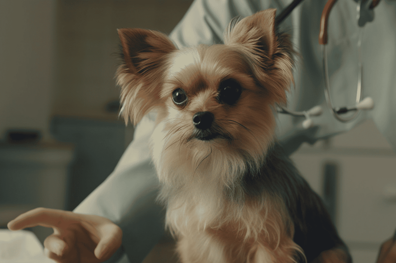Dog receiving veterinary care with stethoscope in background.