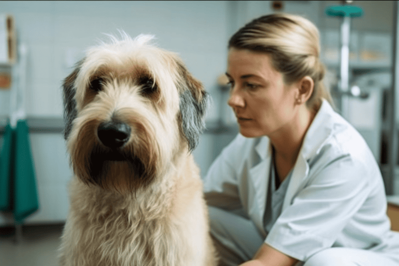 Vet care for large fluffy dog in clinic with veterinarian examining dog.