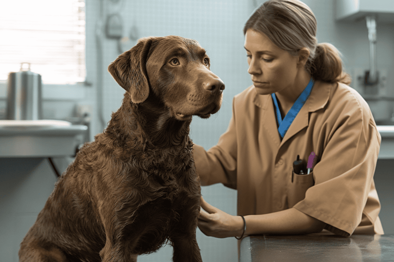 Dog looks at the veterinarian closely during checkup.