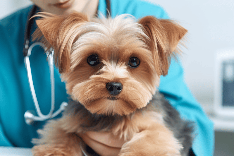 Vet holding adorable Yorkie puppy, pet care, animal health, veterinary clinic, caring pet expert.
