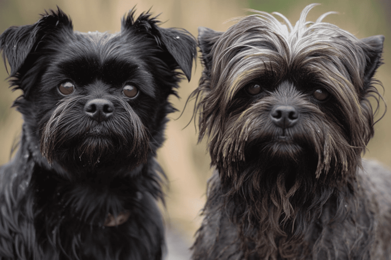 Adorable two dogs, one black and fluffy, the other brown and wiry, outdoors.