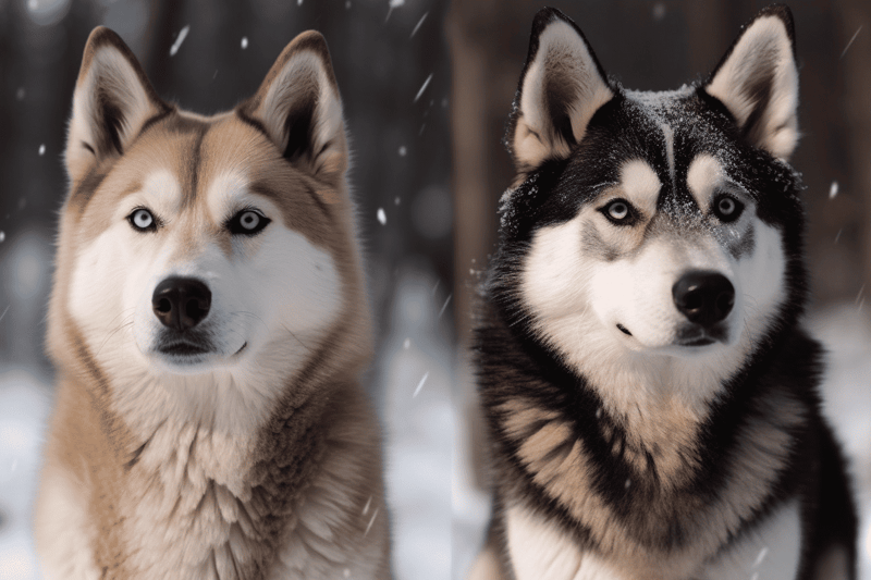 Adorable Siberian Huskies with striking blue eyes in a snowy landscape.