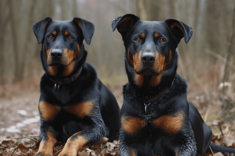 High-quality image of two Rottweilers sitting on a forest trail, showcasing their shiny coats and alert poses.