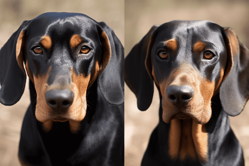High-quality image of a Doberman Pinscher dog with a sleek black and tan coat, captured outdoors.