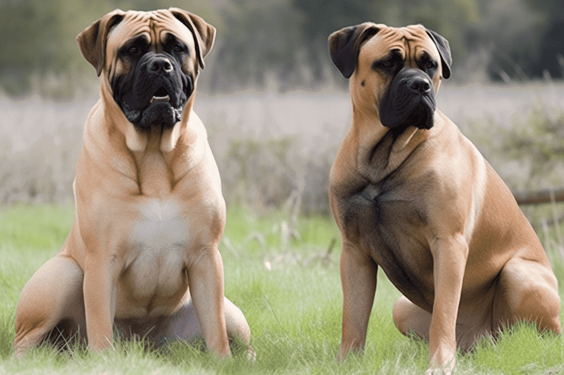 Large Mastiff dogs sitting outdoors in a grassy field, showcasing their muscular build and gentle expressions.