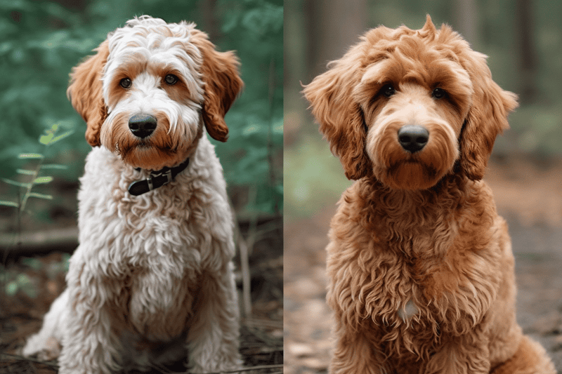 Adorable Goldendoodles sitting outdoors, highlighting grooming and training services for dogs at Dogfix.com.