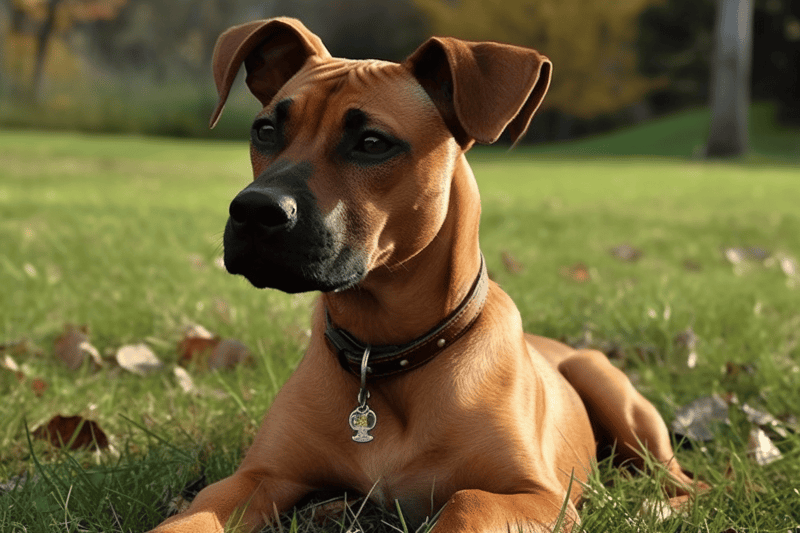 Adorable brown dog lying on grass in a park, looking attentively.