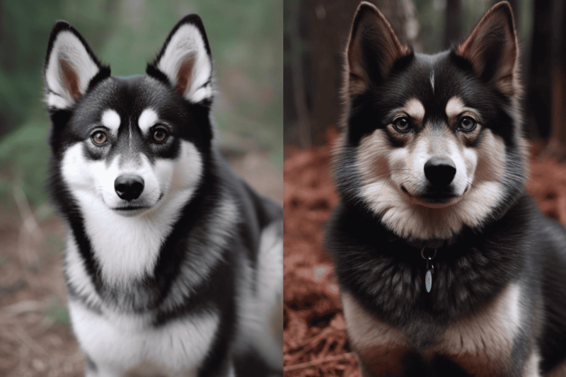 Husky dog with striking blue eyes in outdoor forest setting.