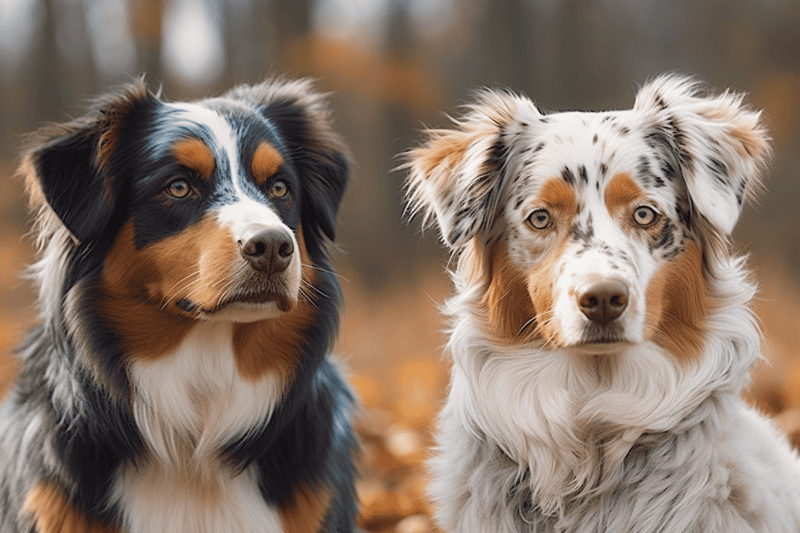A close-up of an Australian Shepherd and a puppy, outdoors in autumn with blurred fall foliage background.