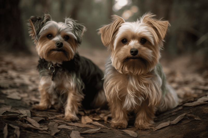 Adorable Yorkie dogs sitting on forest floor, perfect for dog lovers and pet care.