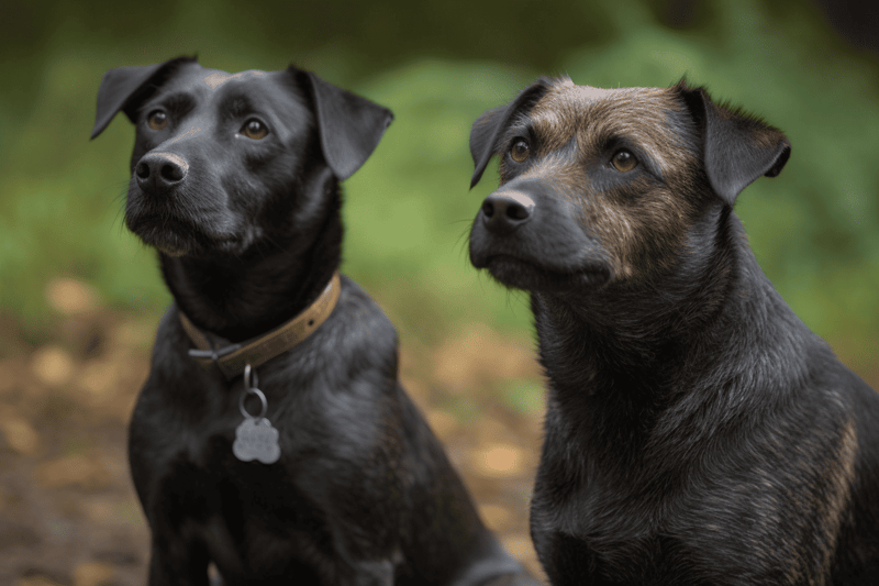Cute black curly-haired dogs sitting outdoors.