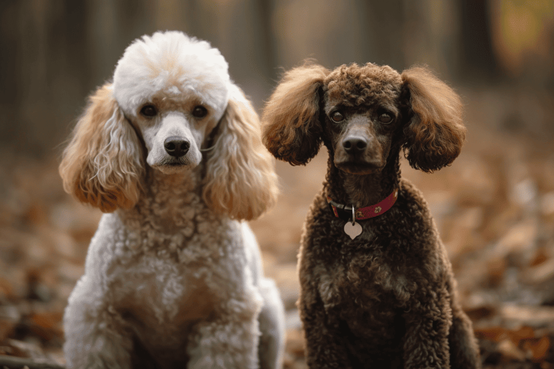 Adorable poodle and cocker spaniel sitting outdoors in a woodland setting during fall. Perfect for dog lovers and pet care enthusiasts.