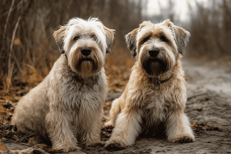 Charming photo of two adorable Miniature Schnauzers sitting on a forest trail during fall, perfect for dog lovers and outdoor adventure content.