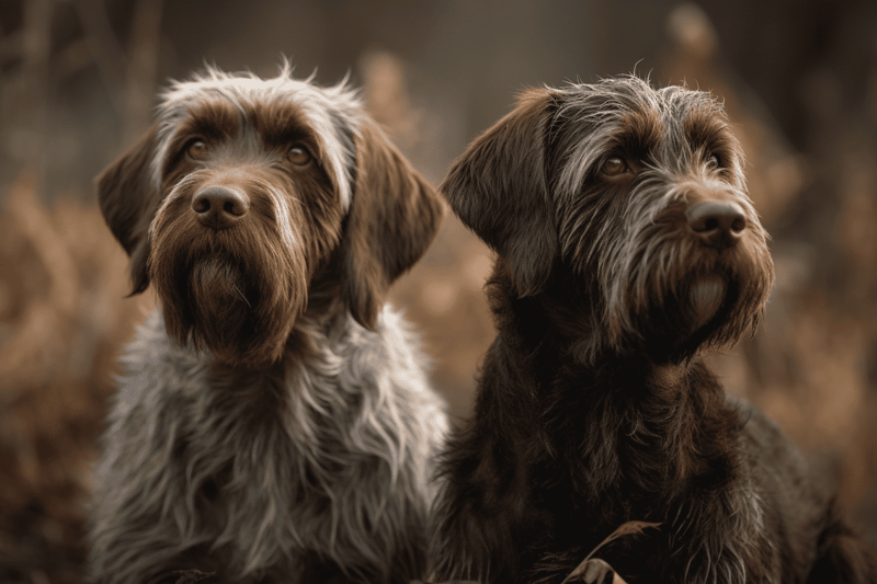 An adorable pair of wirehaired retrievers sitting together in a natural outdoor setting, showcasing their adorable and fluffy appearance.