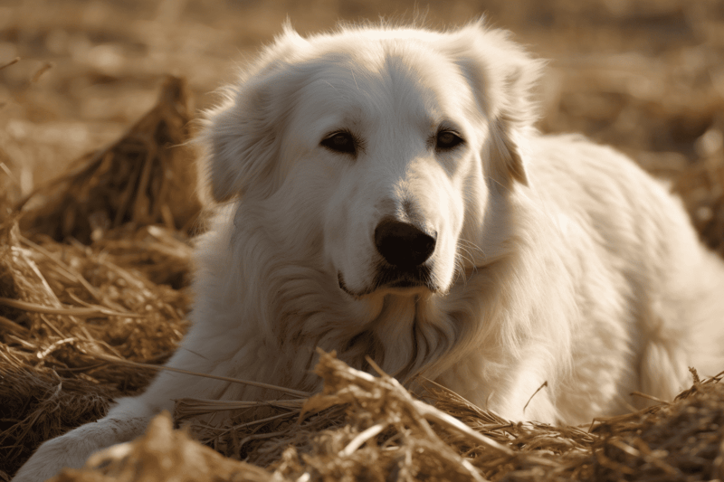 Golden retriever lying on dried grass, looking calm and relaxed in natural light.