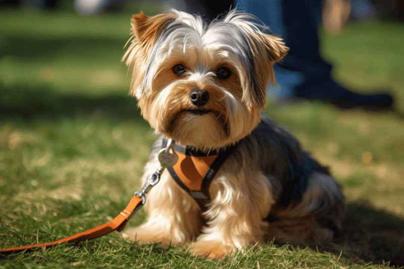 Dog on leash outdoors, looking at camera, adorable small breed, playful pet.