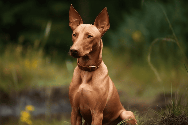 Dog rescue, natural outdoor setting, alert dog, brown coat, standing on grass, bush background.