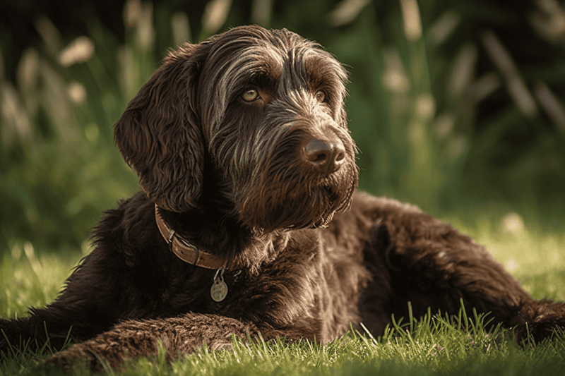 Dog plush toy on a wooden table with soft blanket background.