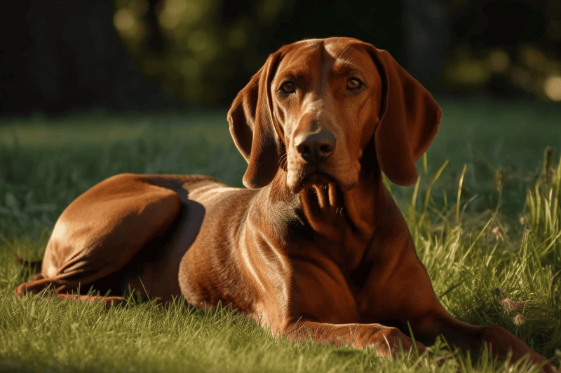 Dog lying on green grass outdoors in natural sunlight, showcasing canine lifestyle and pet care.