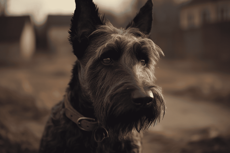 Loyal dog portrait, close-up of attentive Schnauzer dog in outdoor environment, emphasizing facial features.