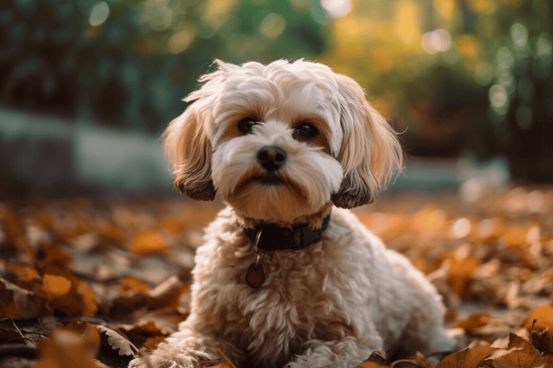 Dog in autumn leaves.