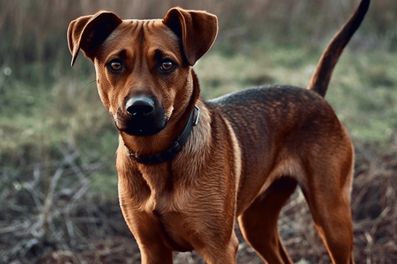 Adorable brown dog with black nose and expressive eyes, standing on grassy terrain.