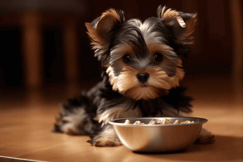 Playful Yorkie puppy sitting next to a bowl of dog food, highlighting pet feeding, nutrition, and adorable small dog breeds.