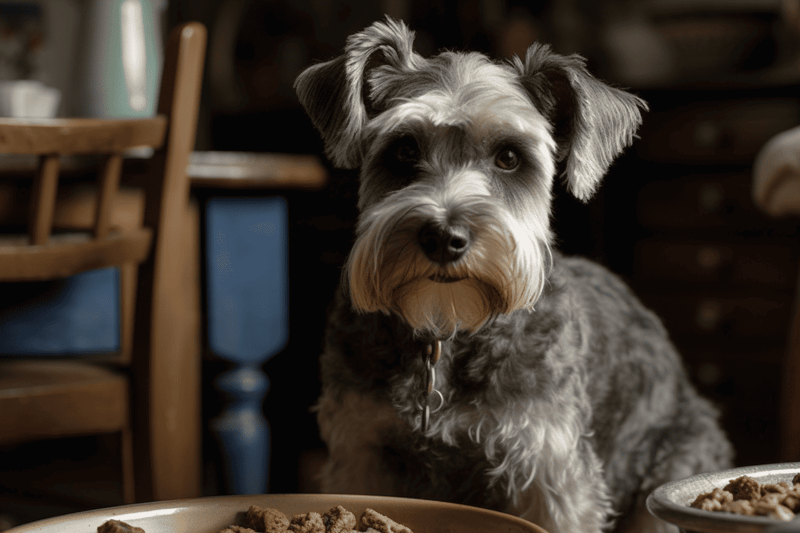 A cute Schnauzer dog sitting at a dining table, highlighting pet care and home environment.