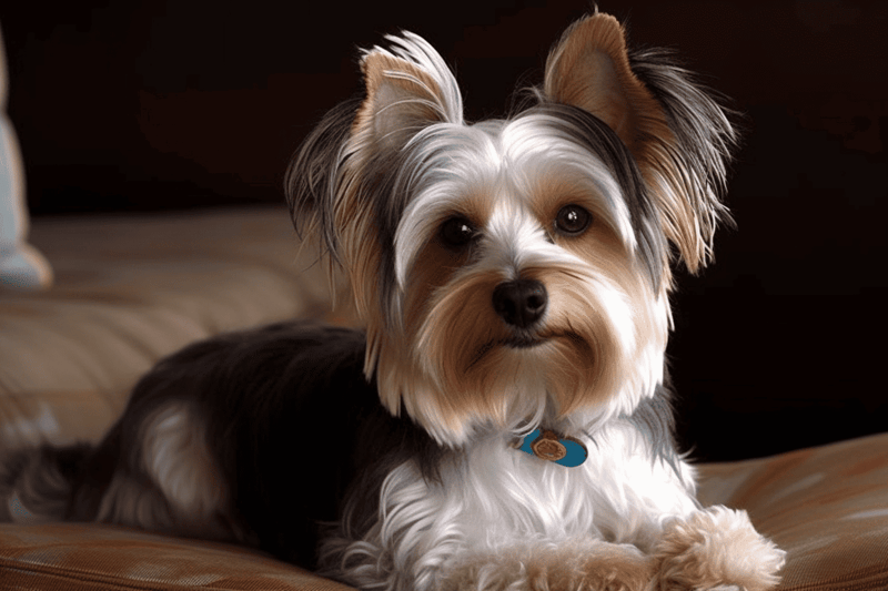 A cute Yorkshire Terrier lying on a bed, showcasing the importance of pet care and grooming for dogs. Perfect for dog health and grooming tips.