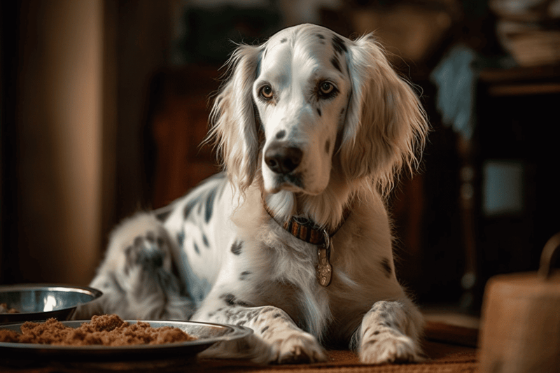 Alt text: Golden retriever relaxing indoors with food bowls nearby, looking calm and content.