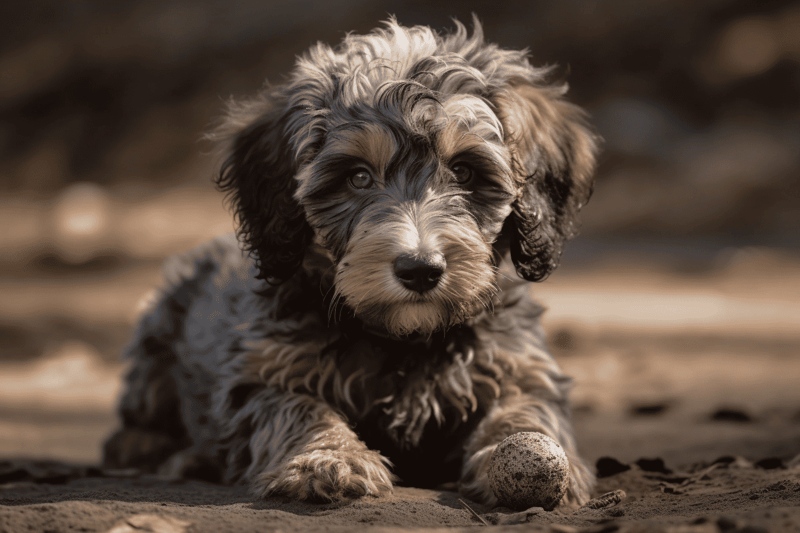 Adorable puppy lying on sand with ball, outdoor play, dog grooming, pet care.