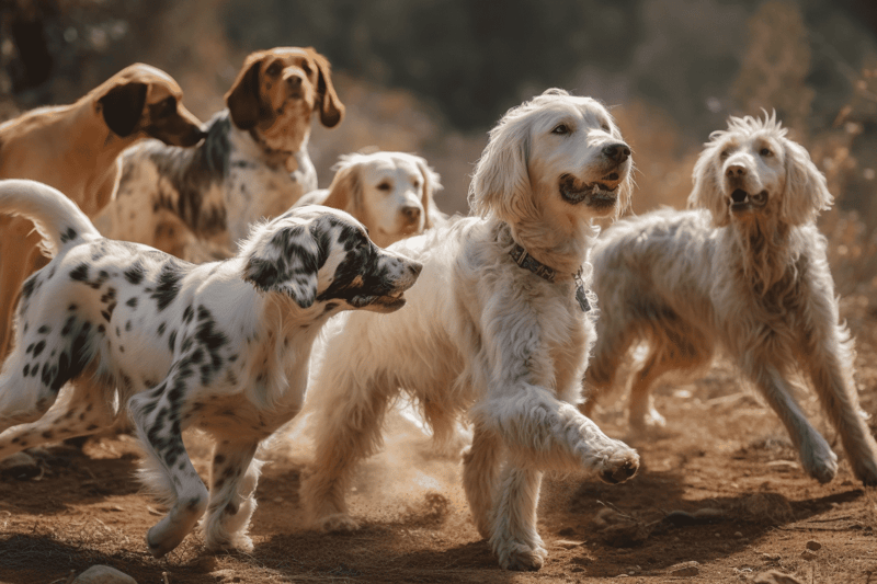Group of playful dogs running and playing in a sunny outdoor natural setting.
