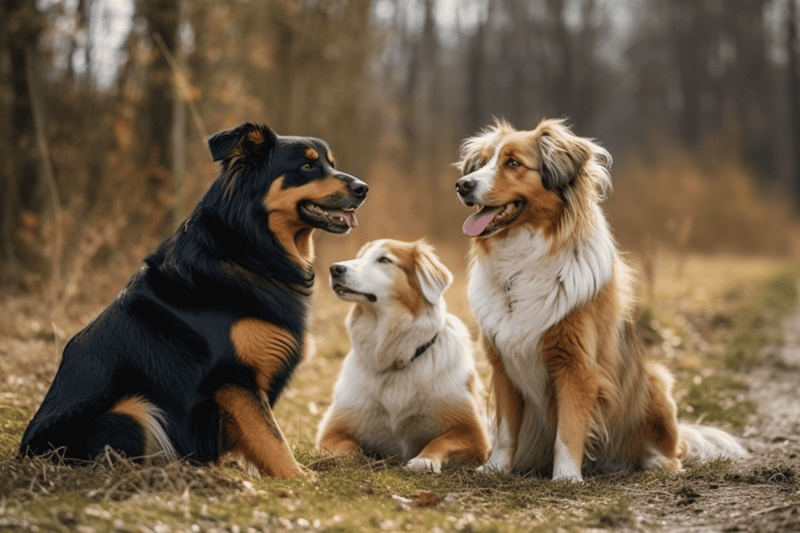 Adorable Australian Shepherd and Bernese Mountain Dogs in a peaceful outdoor setting.