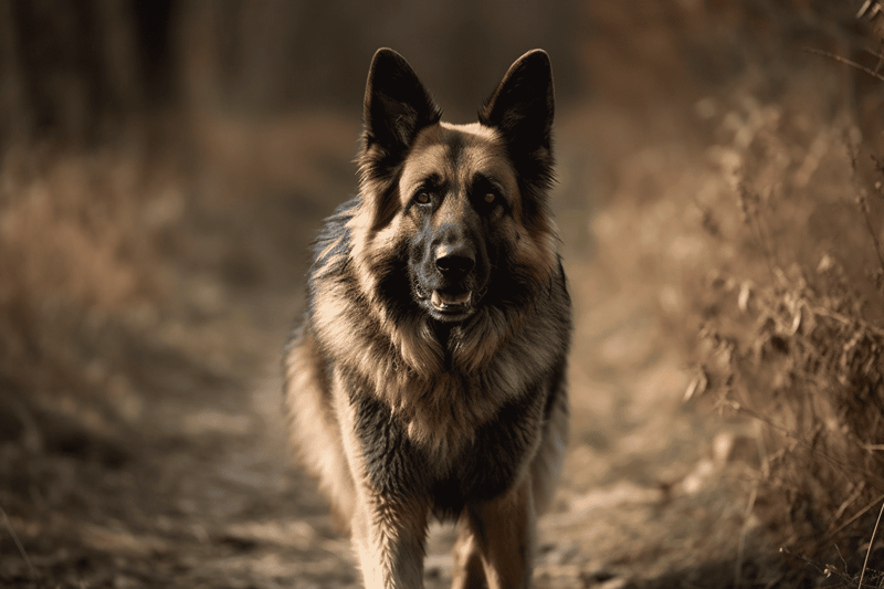 Peaceful German Shepherd outdoors with blurred background.