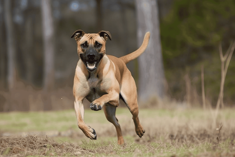 Vibrant dog running through a park on a trail.