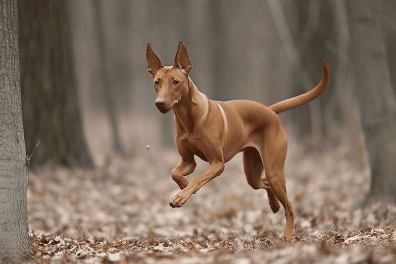 Energetic dog running outdoors in wooded area at dog park.