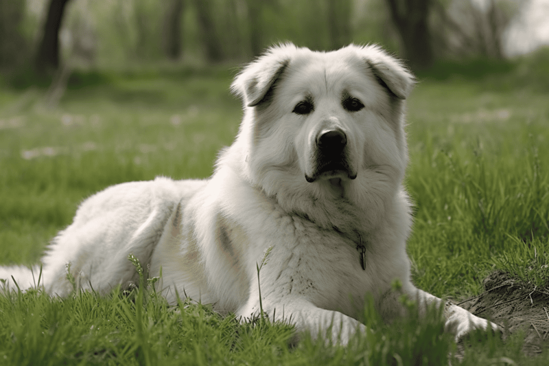 Friendly white dog relaxing outdoors on lush green grass.