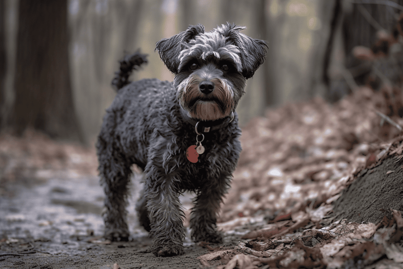 Dog on trail in forest, looking curious and alert.