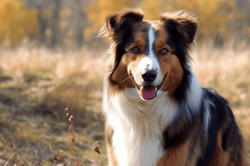 Bright-eyed Australian Shepherd smiling outdoors in the sunshine, perfect for dog care and pet health themes.