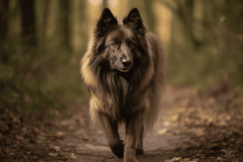 Loyal Belgian Sheepdog walking outdoors on woodland trail.