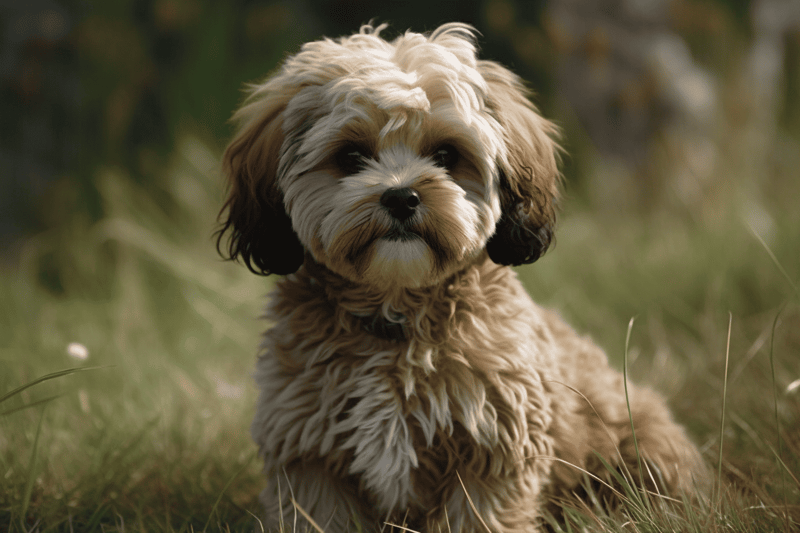 Cute fluffy dog sitting outdoors in grassy field with soft focus background.