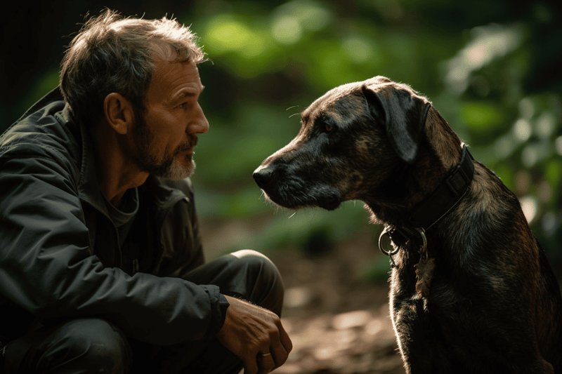 Enthusiastic dog and owner engaging in outdoor training.