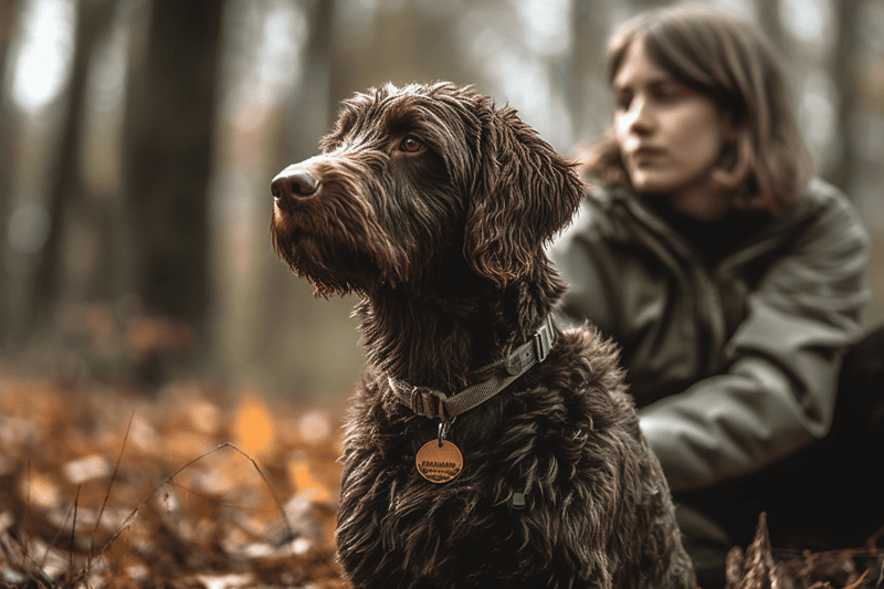 Dog walking in fall forest scenery with owner.