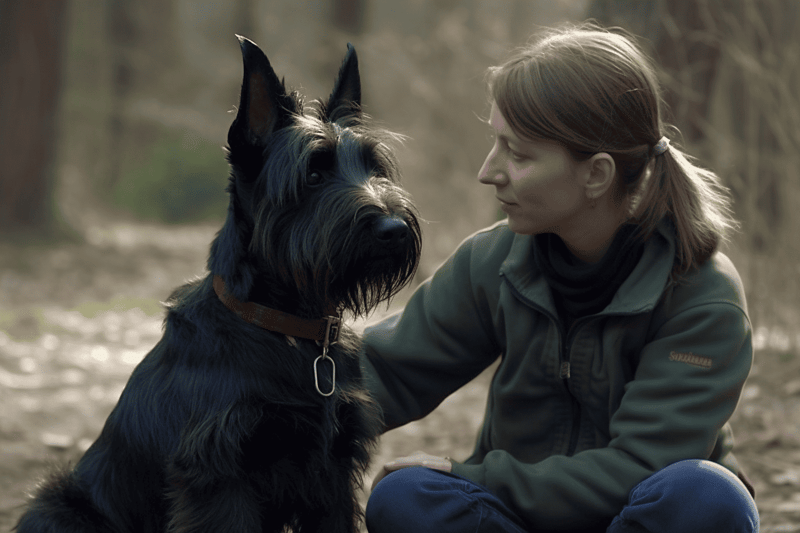 Adoring woman and large black dog sitting together in a forested area, showcasing bond and care for dogs.