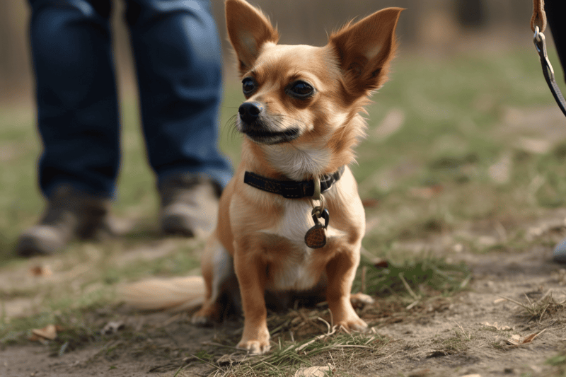 Adorable small dog on outdoor walk.