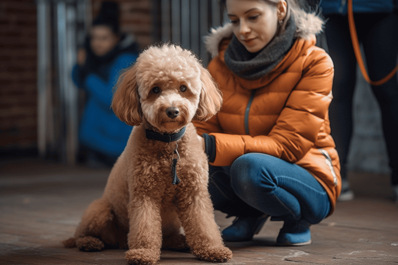 Adorable poodle looking at camera with person in background.