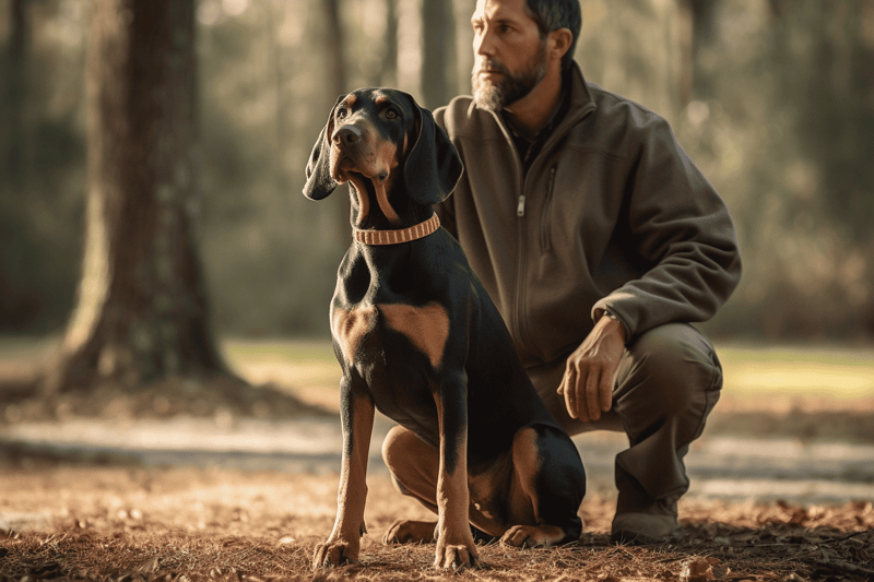 Dog training expert with Doberman Pinscher outdoor, forest setting for obedience skills.