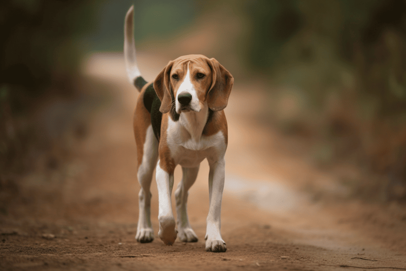 Adorable beagle dog walking outdoors on a dirt trail in natural light.