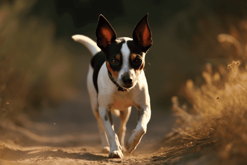 Adorable Miniature Pinscher running through a sunlit outdoor trail, full of energy and agility.